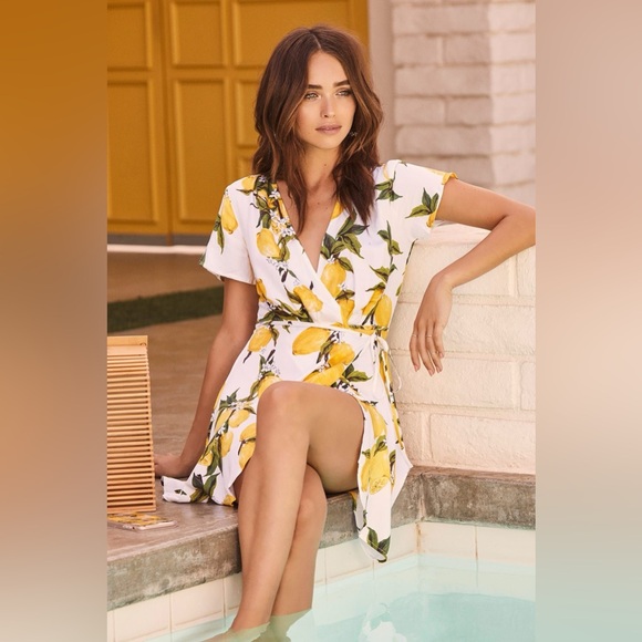 SOLD Lemon Print Summer Wrap Dress - Picture 2 of 6